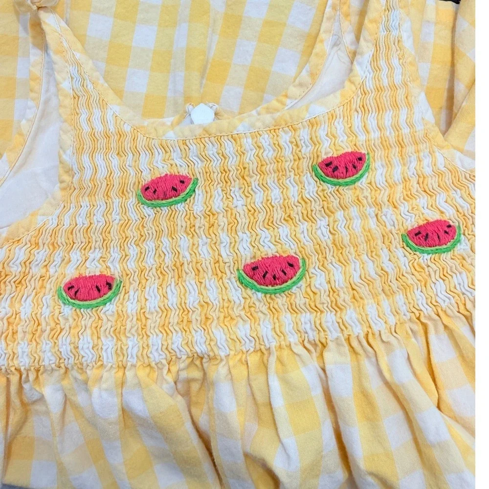 Vtg Gymboree Yellow Gingham Smocked Watermelon Dress sz 18-24 Months 2001 y2k